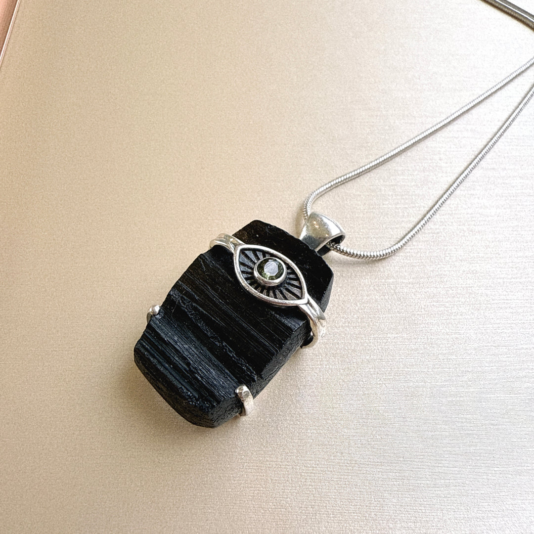 Moldavite Faceted & Black Tourmaline Evil Eye Pendant