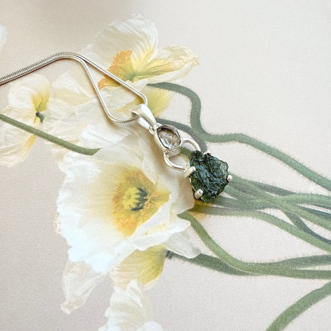 MOLDAVITE & HERKEMIER DIAMOND PENDANT