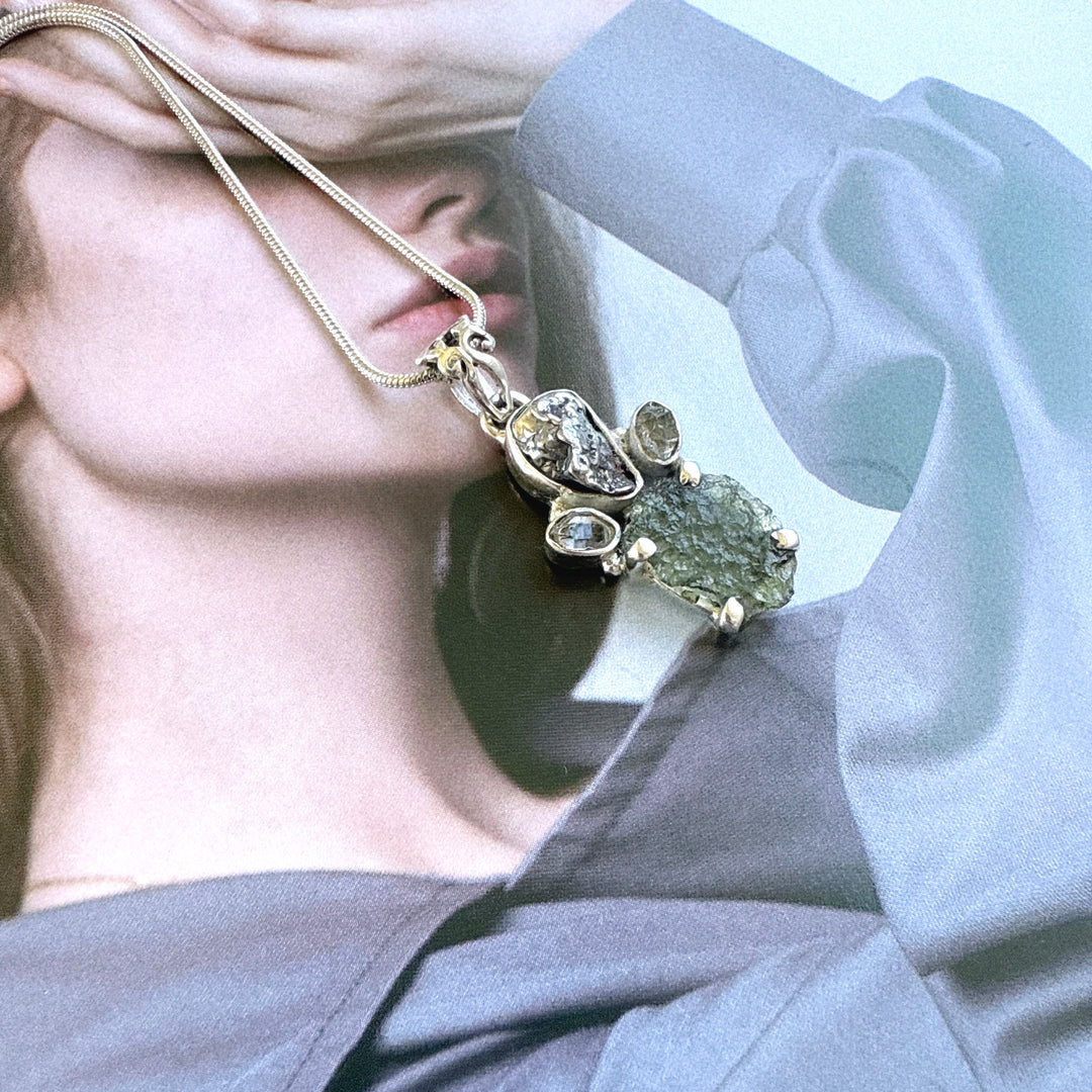 MOLDAVITE, HERKIMER DIAMOND, METEORITE CAMPO DEL CIELO PENDANT