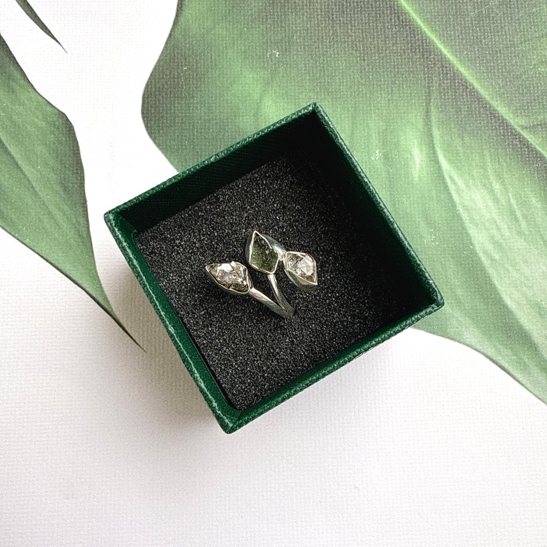 MOLDAVITE, HERKIMER DIAMOND & CAMPO DEL CIELO RING