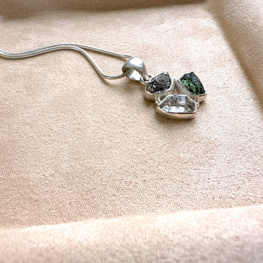 Moldavite, Herkemir Diamond and Campo Del Cielo Pendant