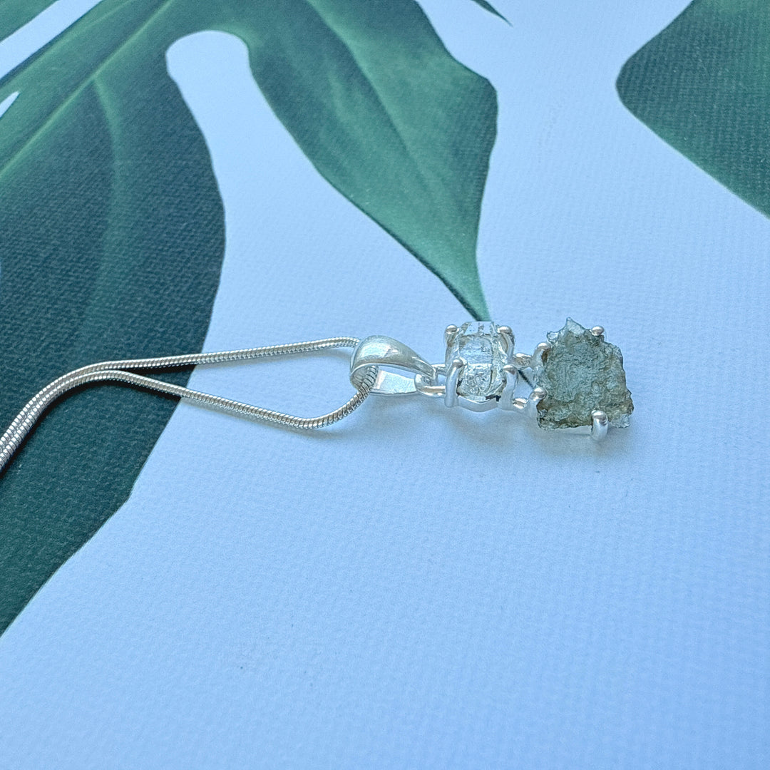 MOLDAVITE & HERKEMIER DIAMOND PENDANT
