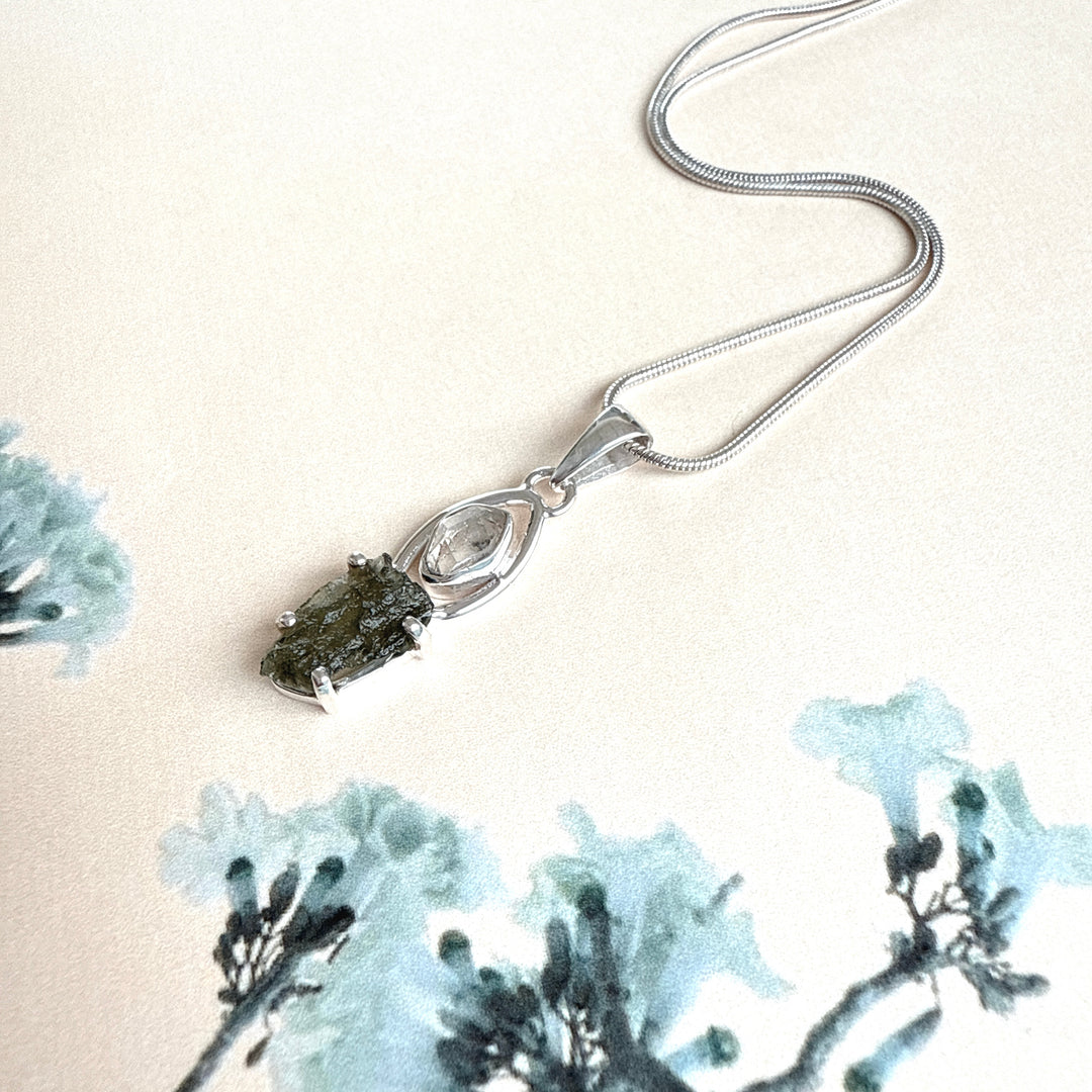 MOLDAVITE & HERKEMIER DIAMOND PENDANT