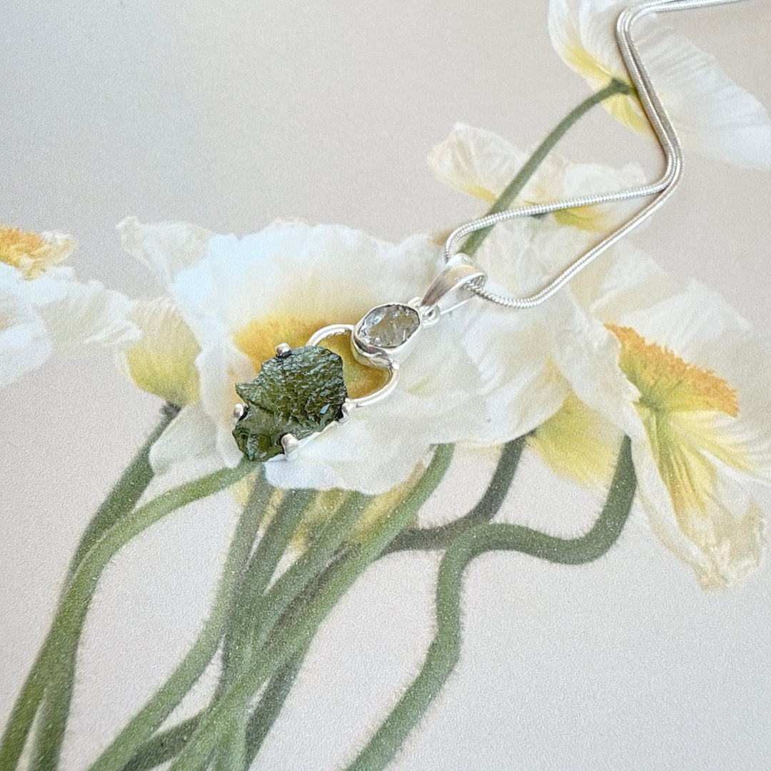 MOLDAVITE & HERKEMIER DIAMOND PENDANT