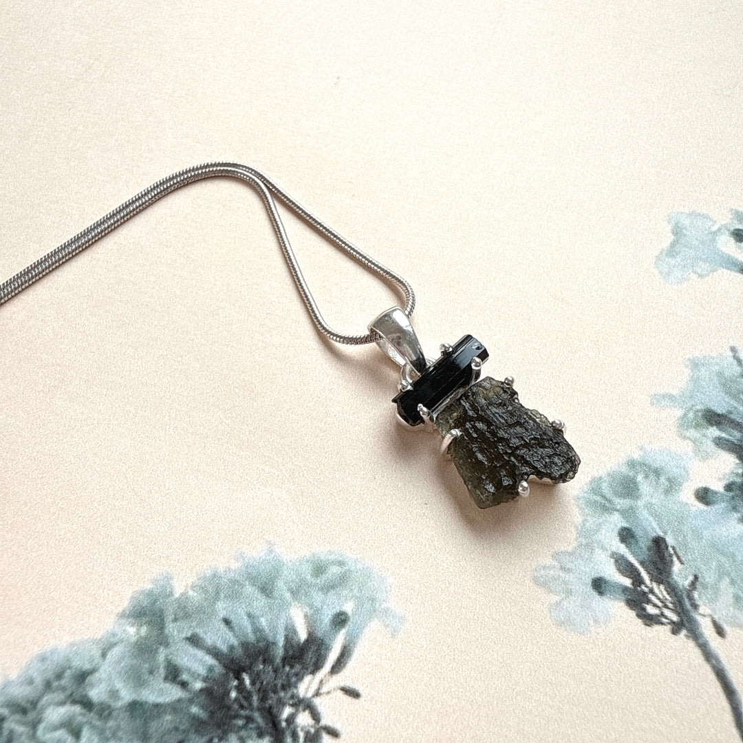 MOLDAVITE & BLACK TOURMALINE PENDANT