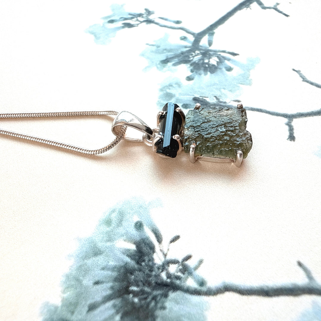 MOLDAVITE & BLACK TOURMALINE PENDANT