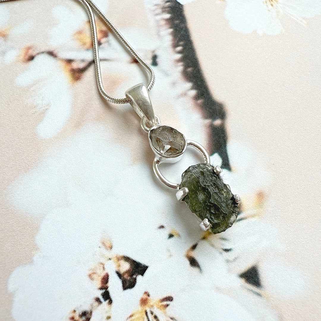 MOLDAVITE & HERKEMIER DIAMOND PENDANT