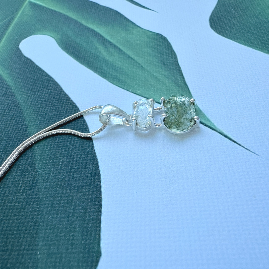 MOLDAVITE & HERKEMIER DIAMOND PENDANT
