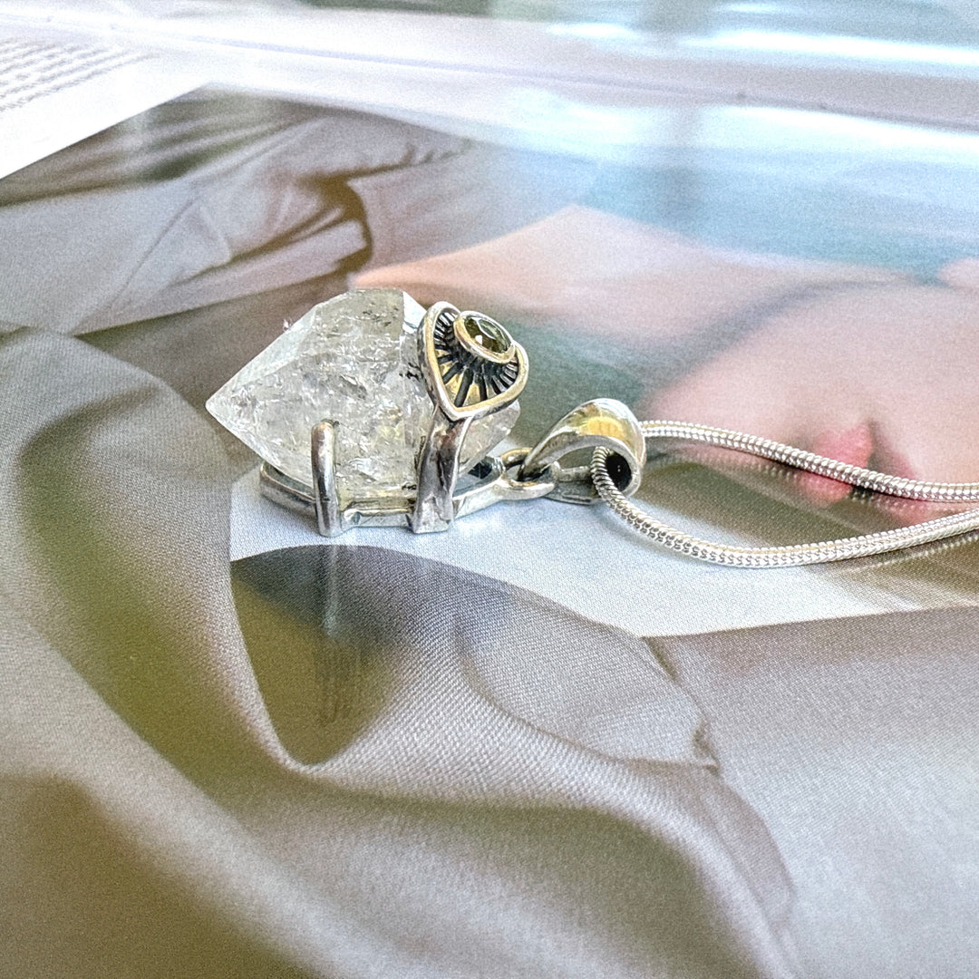 Moldavite & Herkimer Diamond Evil Eye Pendant