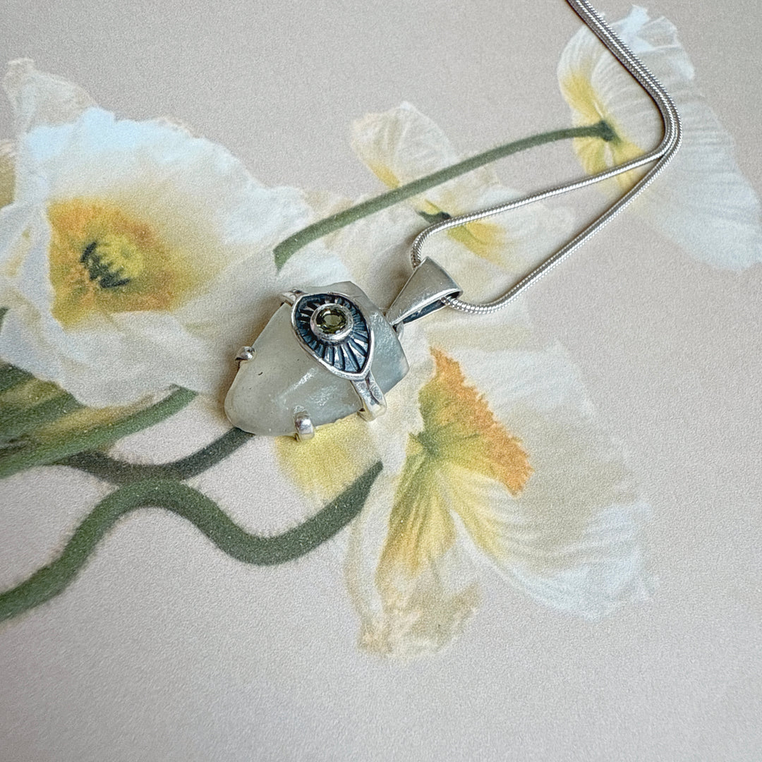 Faceted Moldavite and Libyan Desert Evil Eye Pendant