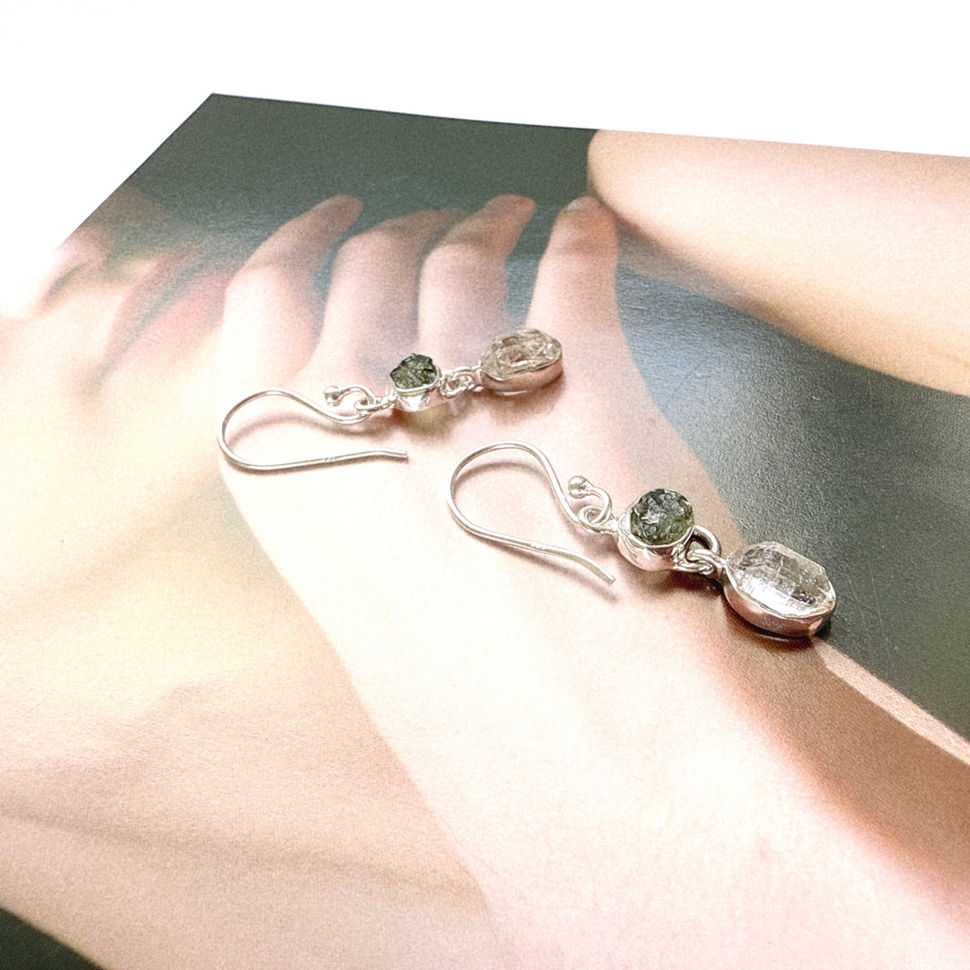 Moldavite & Herkemir Diamond Earrings