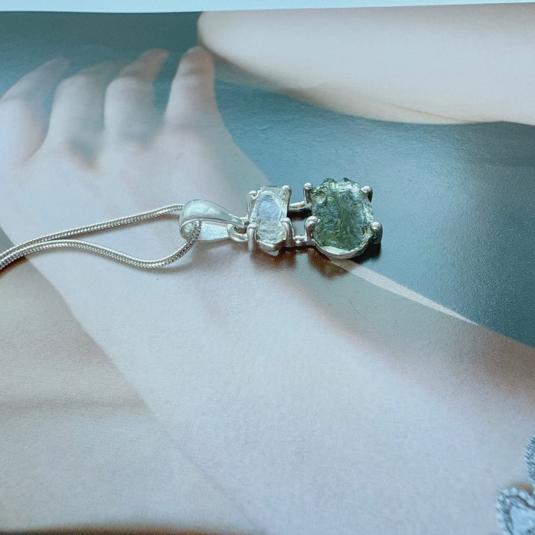 MOLDAVITE & HERKEMIER DIAMOND PENDANT