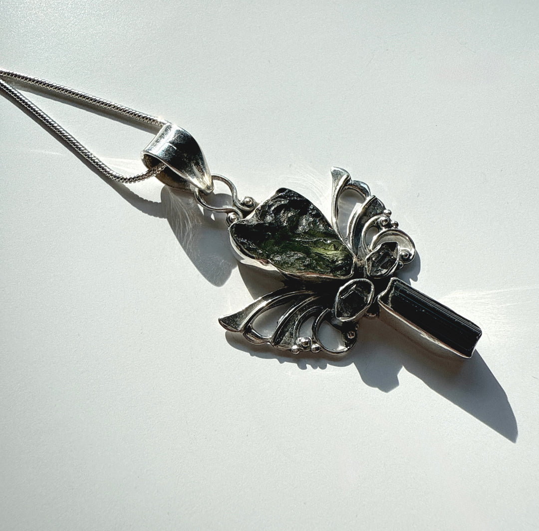 Moldavite, Herkimer Diamond & Black Tourmaline Pendant