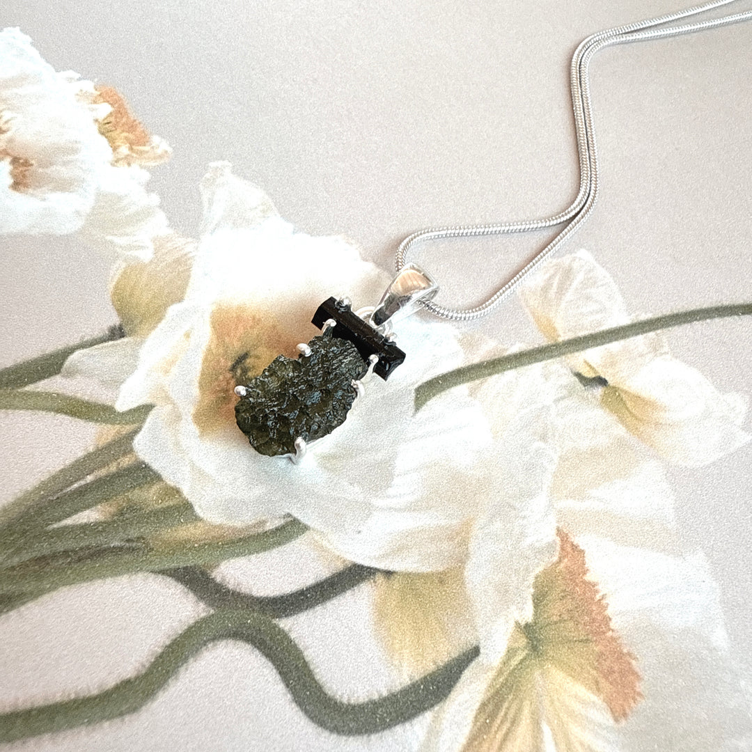 MOLDAVITE & BLACK TOURMALINE PENDANT