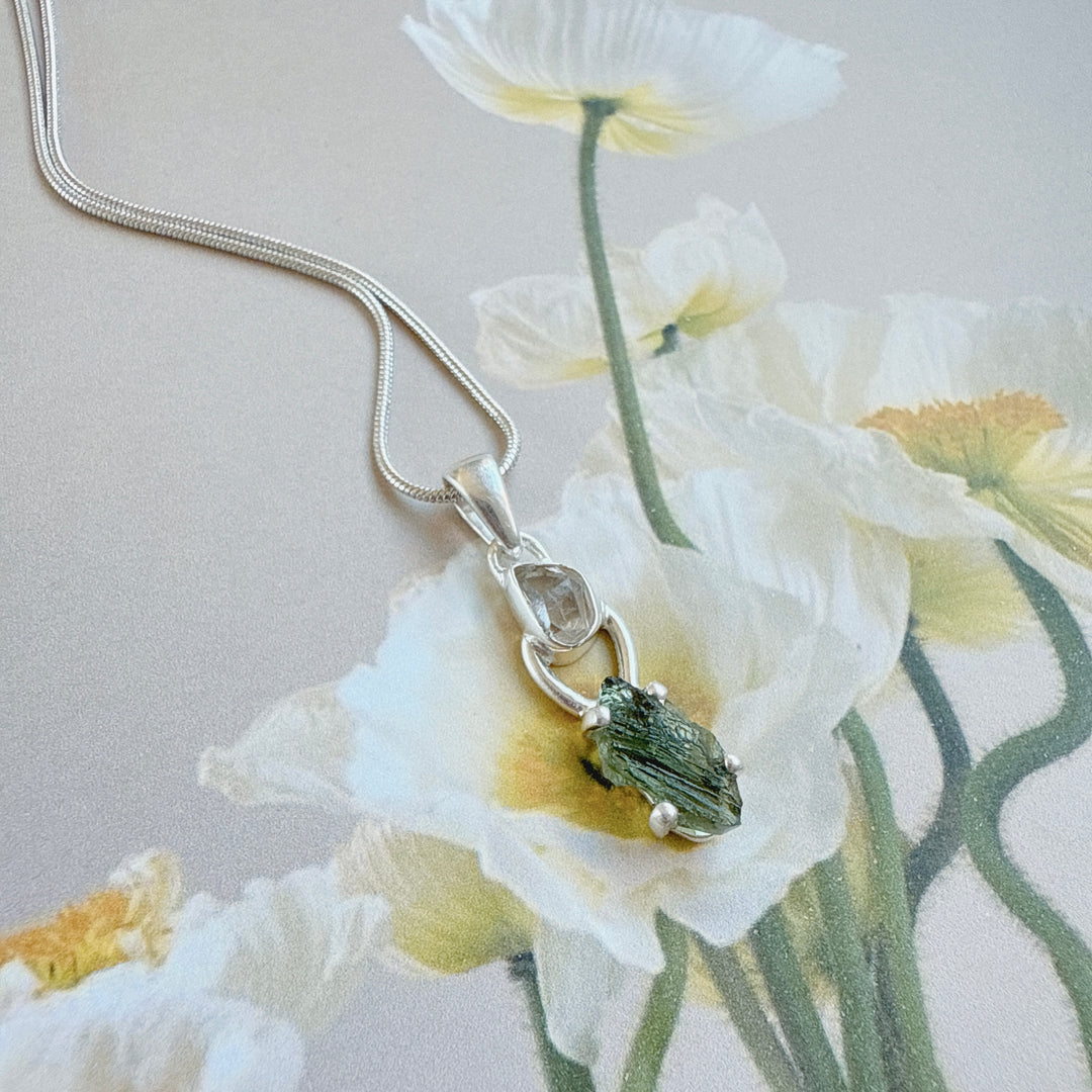 MOLDAVITE & HERKEMIER DIAMOND PENDANT