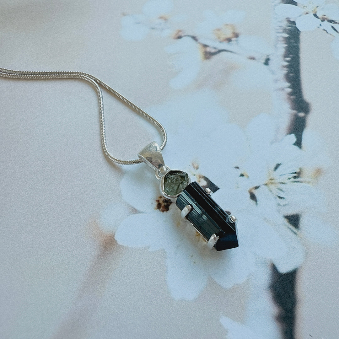 MOLDAVITE & BLACK TOURMALINE PENDANT