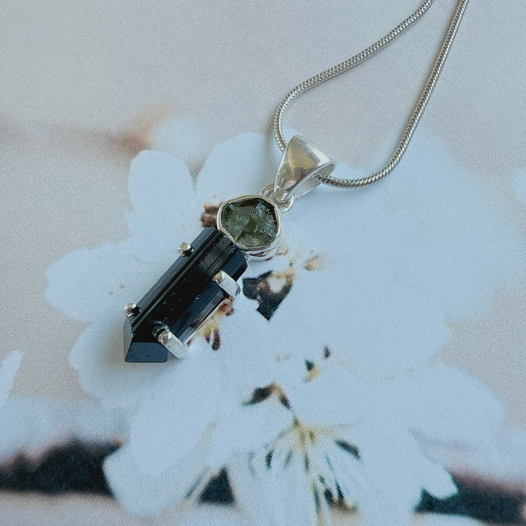 MOLDAVITE & BLACK TOURMALINE PENDANT