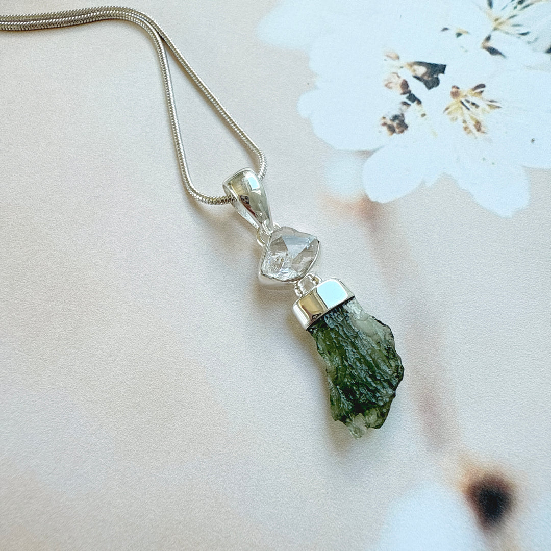 MOLDAVITE & HERKEMIR DIAMOND PENDANT