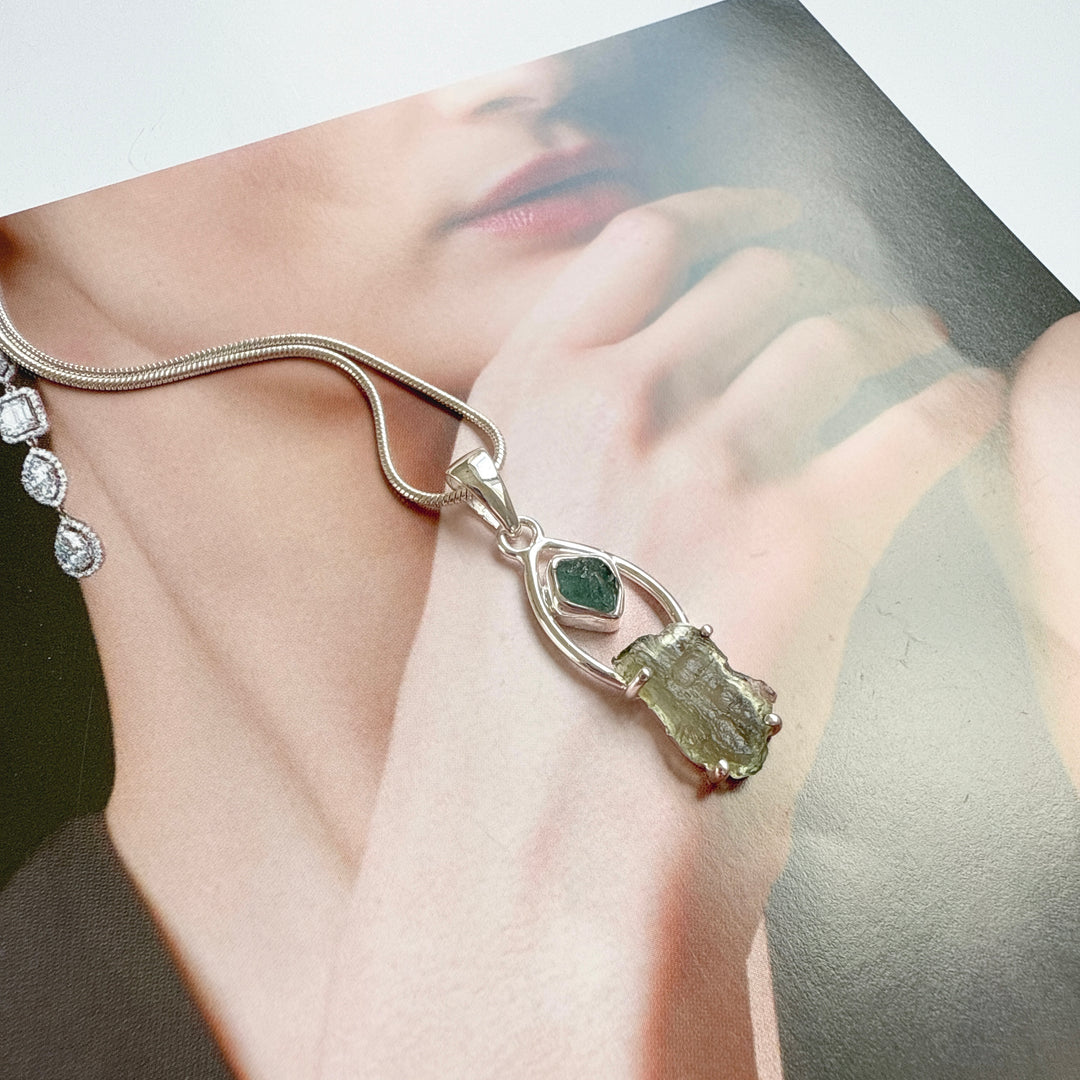MOLDAVITE & GREEN TOURMALINE PENDANT
