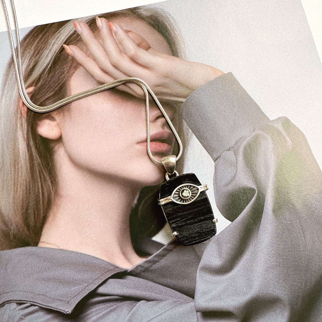 Moldavite Faceted & Black Tourmaline Evil Eye Pendant