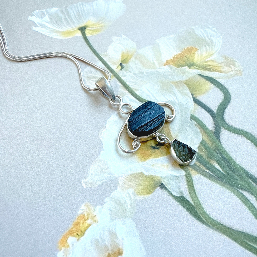 MOLDAVITE & BLACK TOURMALINE PENDANT
