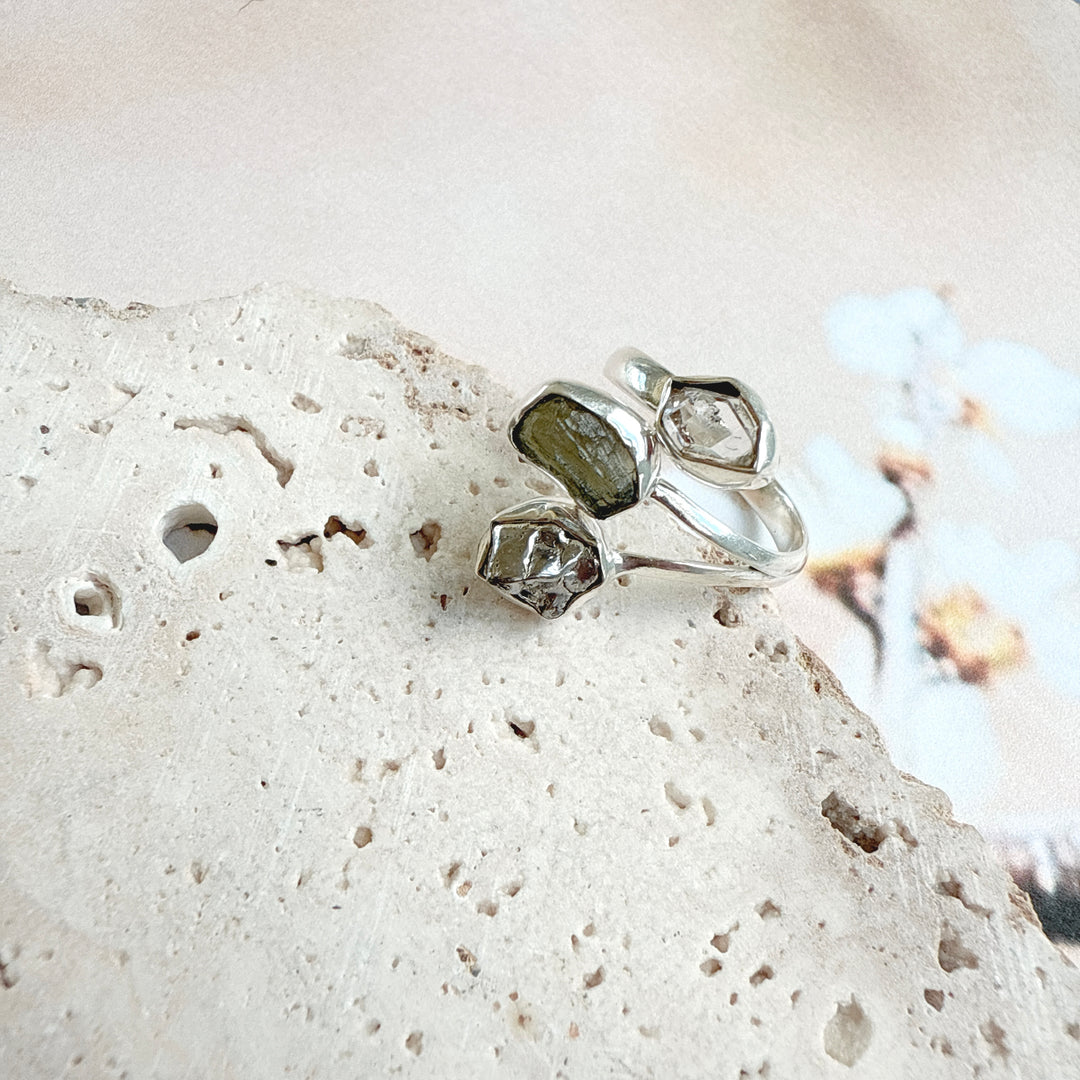 MOLDAVITE, HERKIMER DIAMOND & CAMPO DEL CIELO RING