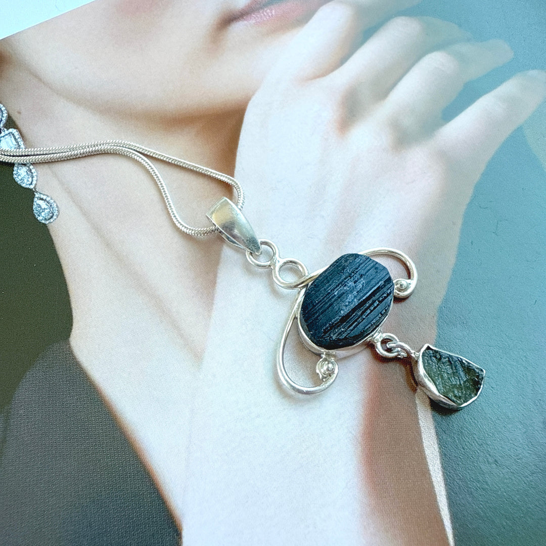 MOLDAVITE & BLACK TOURMALINE PENDANT