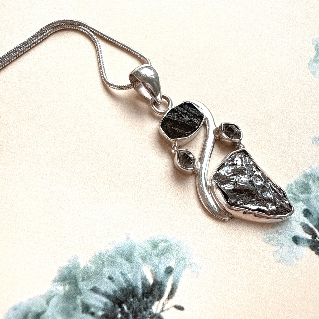 MOLDAVITE, HERKIMER DIAMOND, METEORITE CAMPO DEL CIELO PENDANT