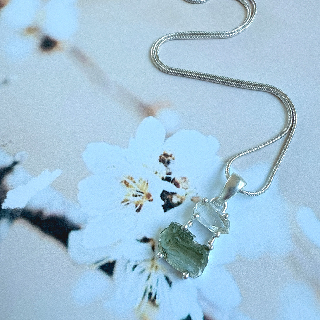 MOLDAVITE & HERKEMIER DIAMOND PENDANT