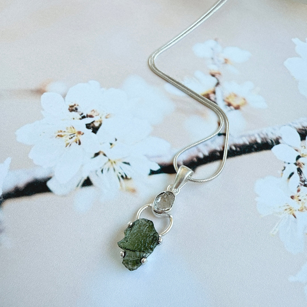 MOLDAVITE & HERKEMIER DIAMOND PENDANT