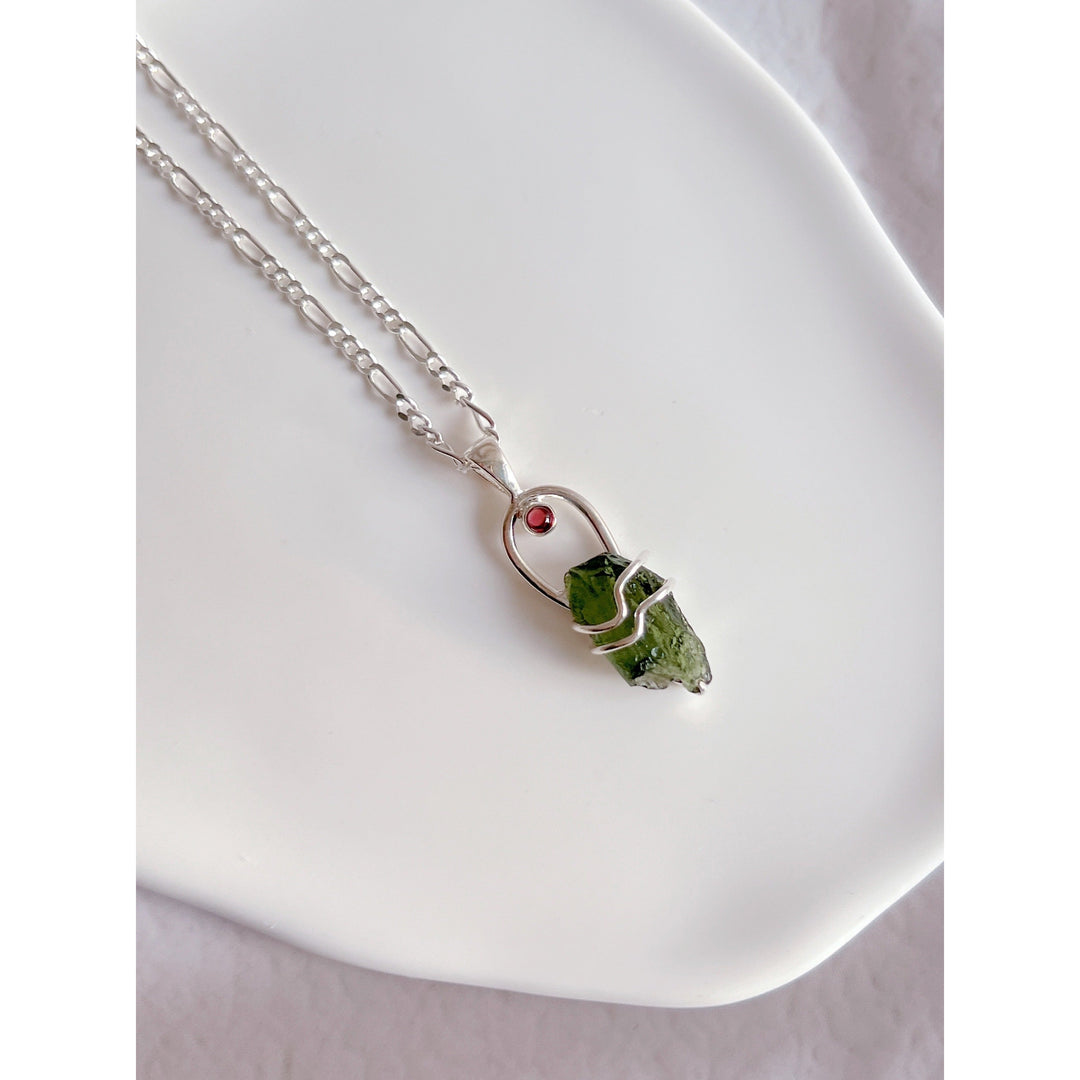 Moldavite and Pink Tourmaline Pendant