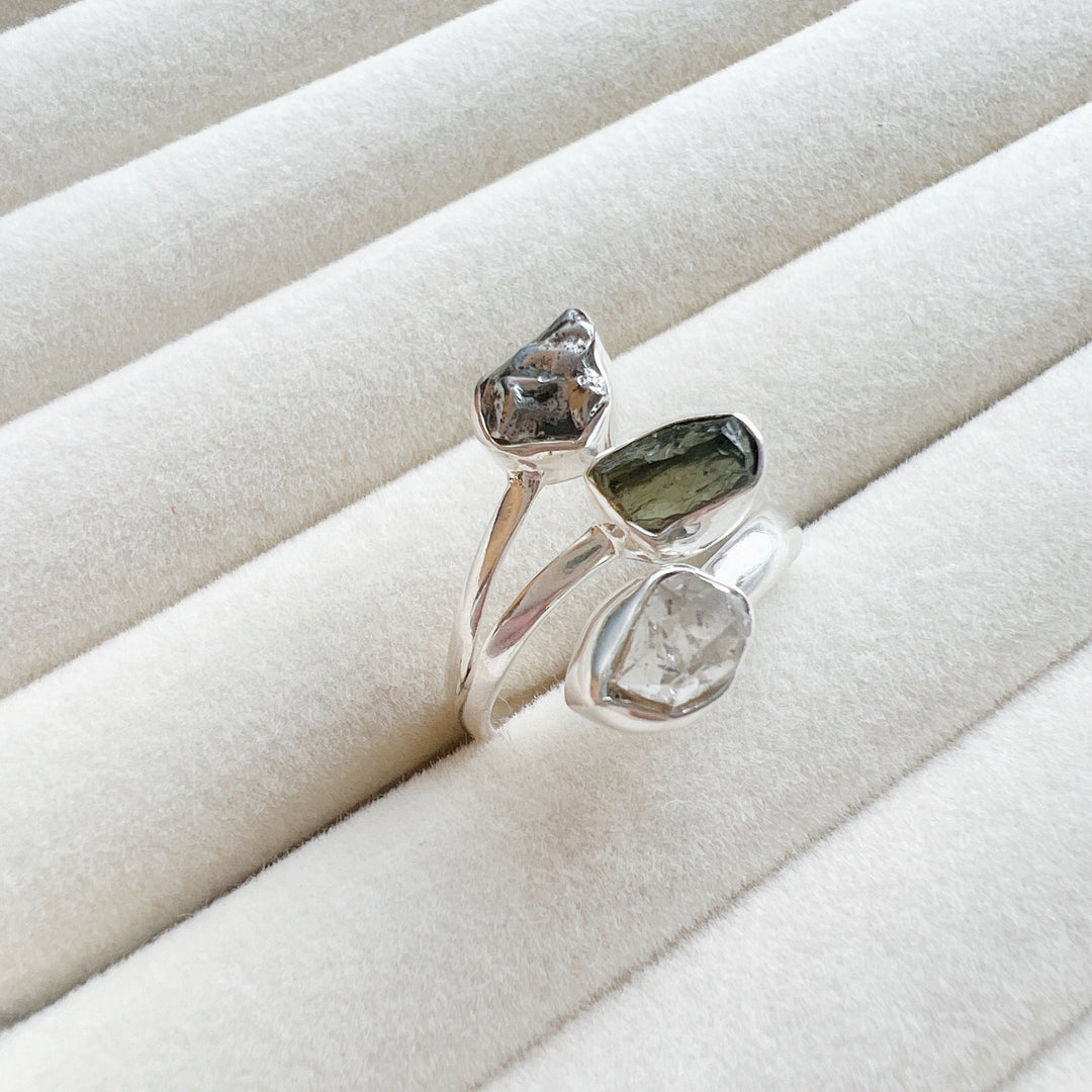 MOLDAVITE, HERKIMER DIAMOND & CAMPO DEL CIELO RING