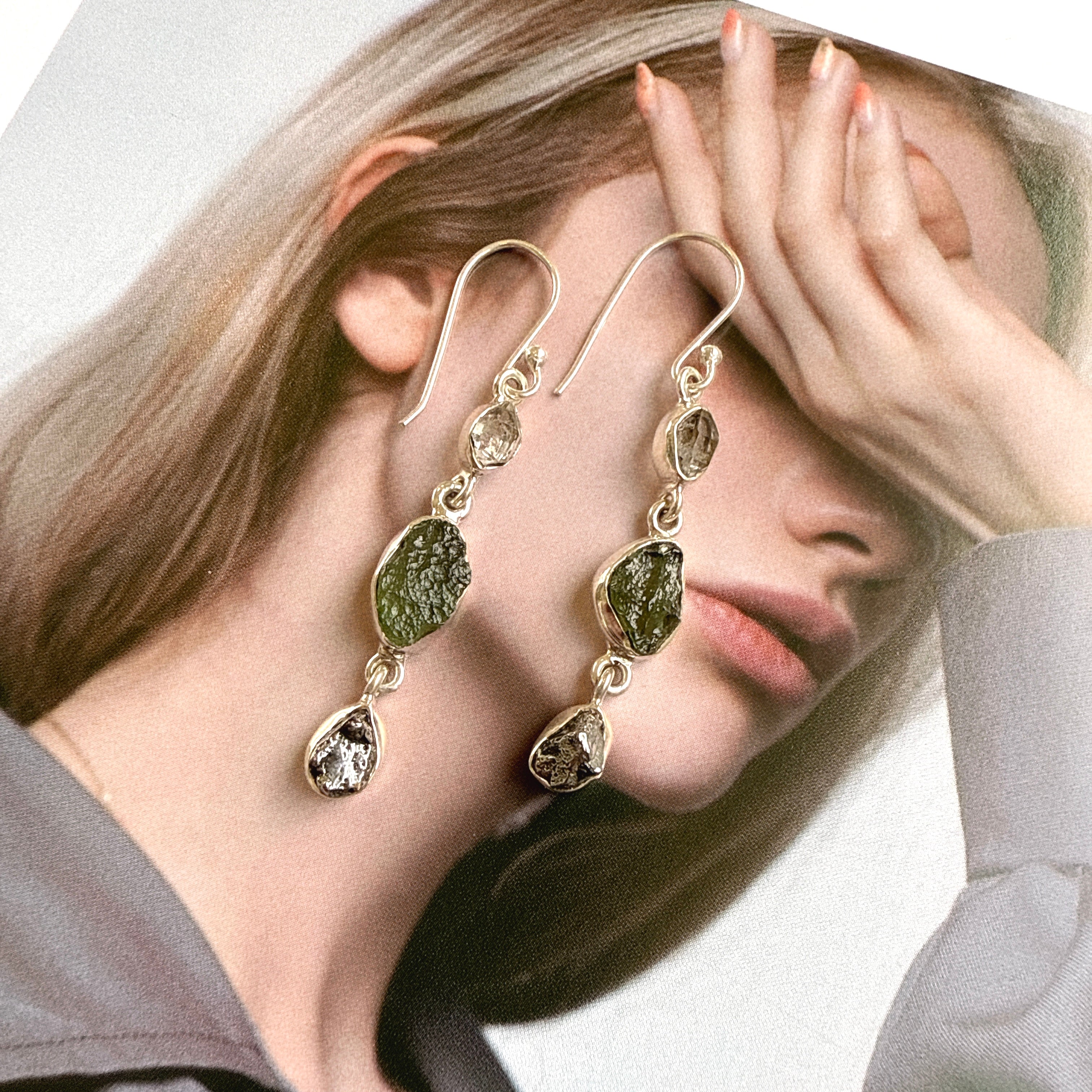 Moldavite, Campo Del Cielo & Herkimer Diamond Earrings
