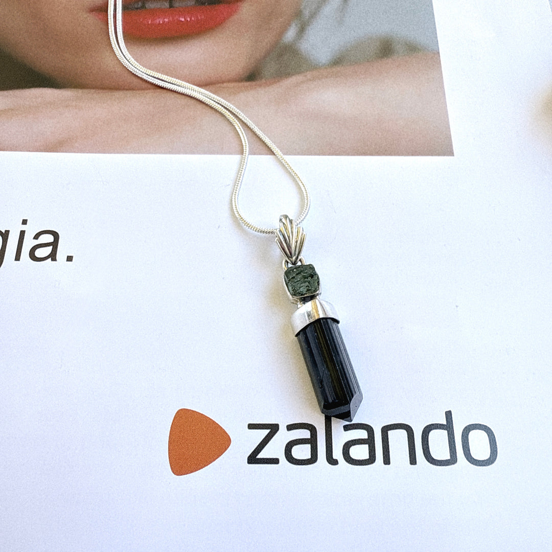 MOLDAVITE & BLACK TOURMALINE PENDANT