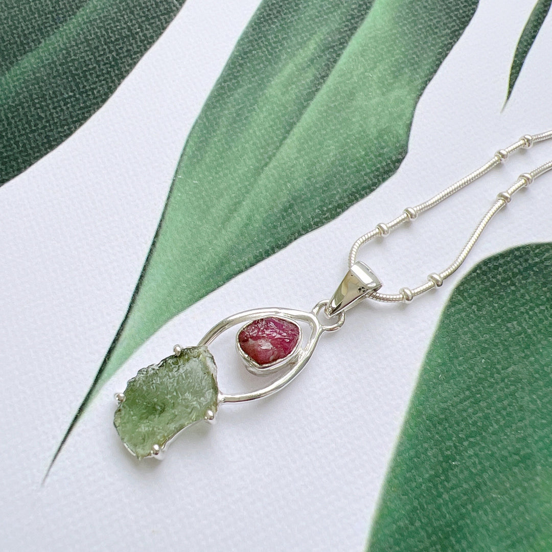 Moldavite & Pink Tourmaline Pendant