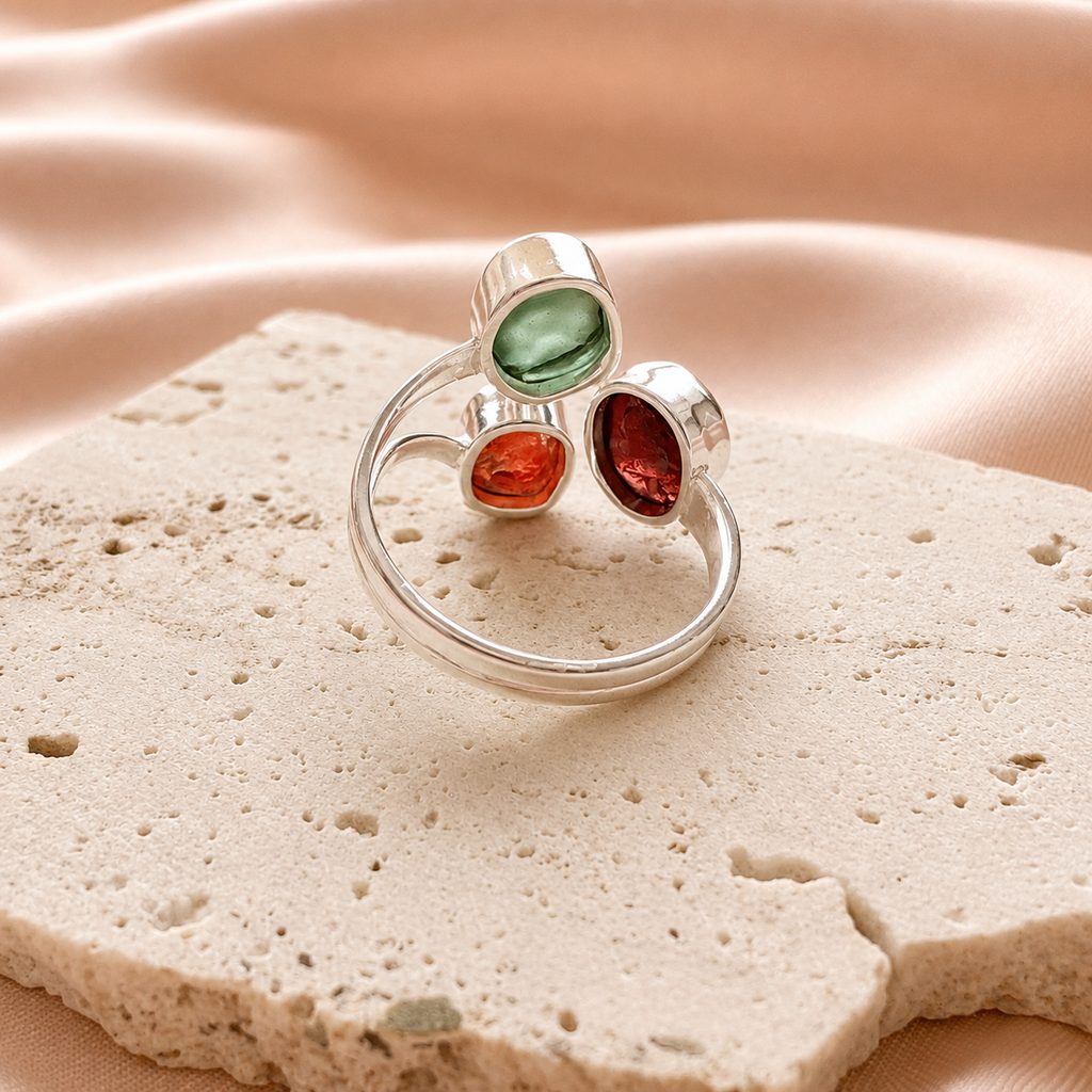Designer – Moldavite, Mexican Opal & Garnet Ring