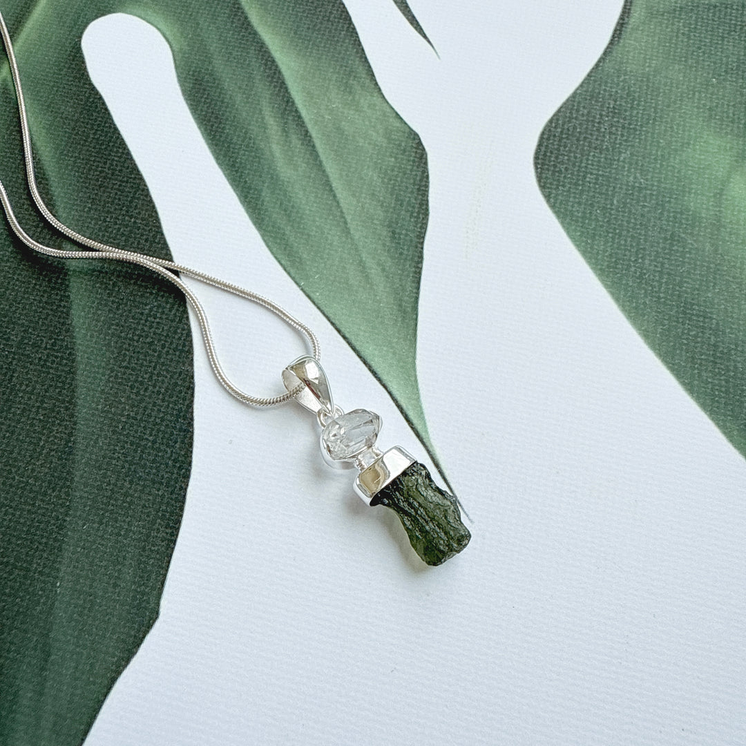 MOLDAVITE & HERKEMIR DIAMOND PENDANT