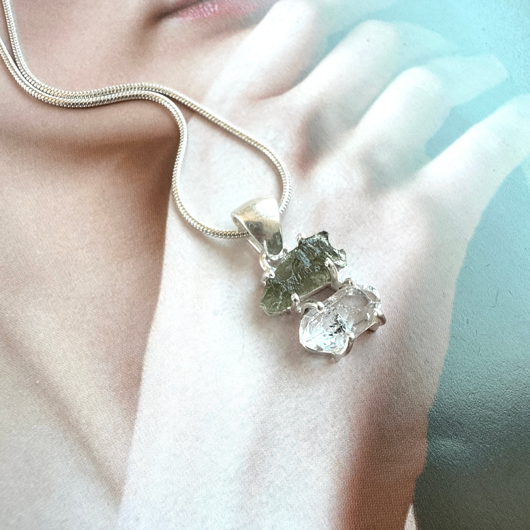 MOLDAVITE & HERKEMIER DIAMOND PENDANT