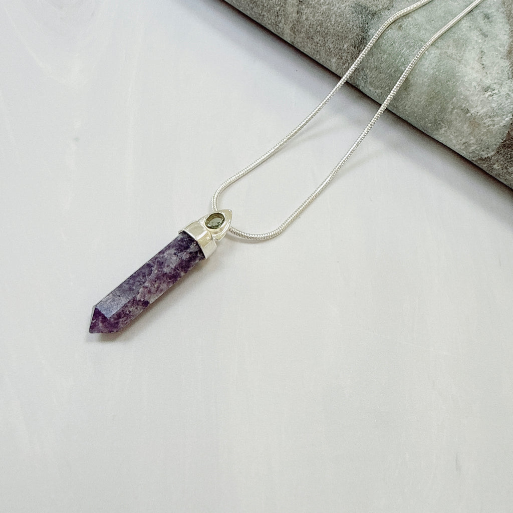 Purple Lepidolite Worry Stone & Moldavite Faceted Pendant