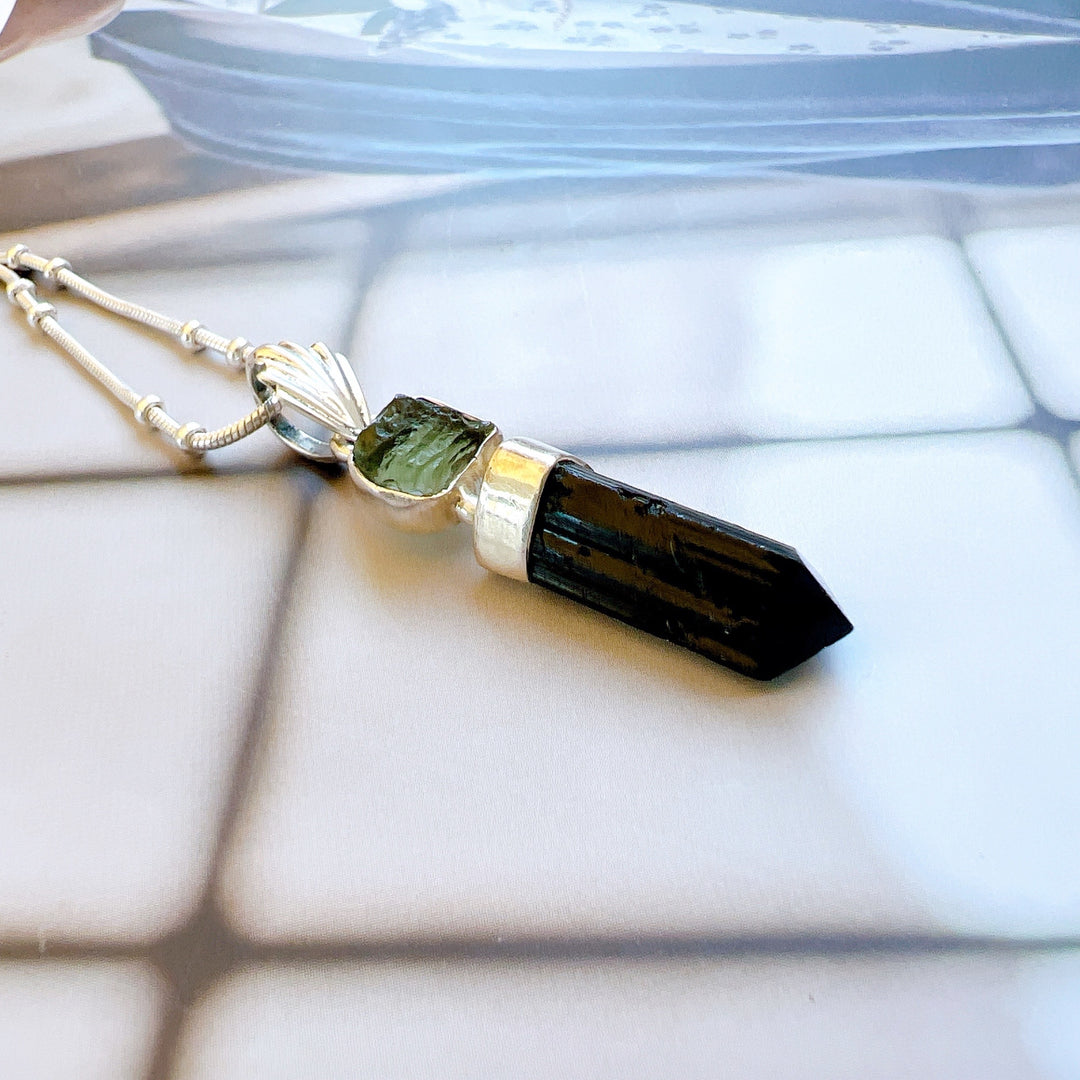 MOLDAVITE & BLACK TOURMALINE PENDANT