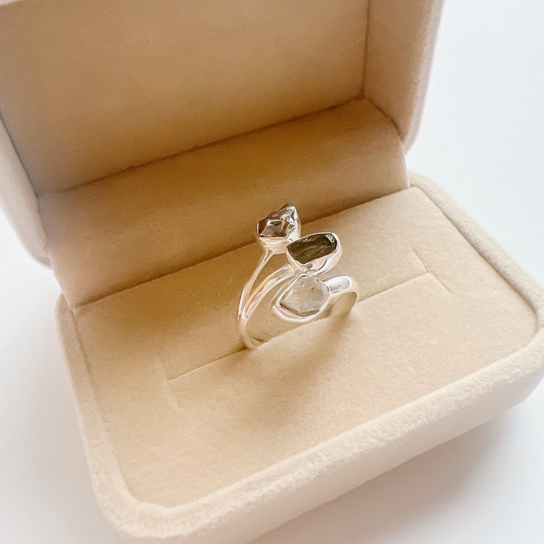 MOLDAVITE, HERKIMER DIAMOND & CAMPO DEL CIELO RING