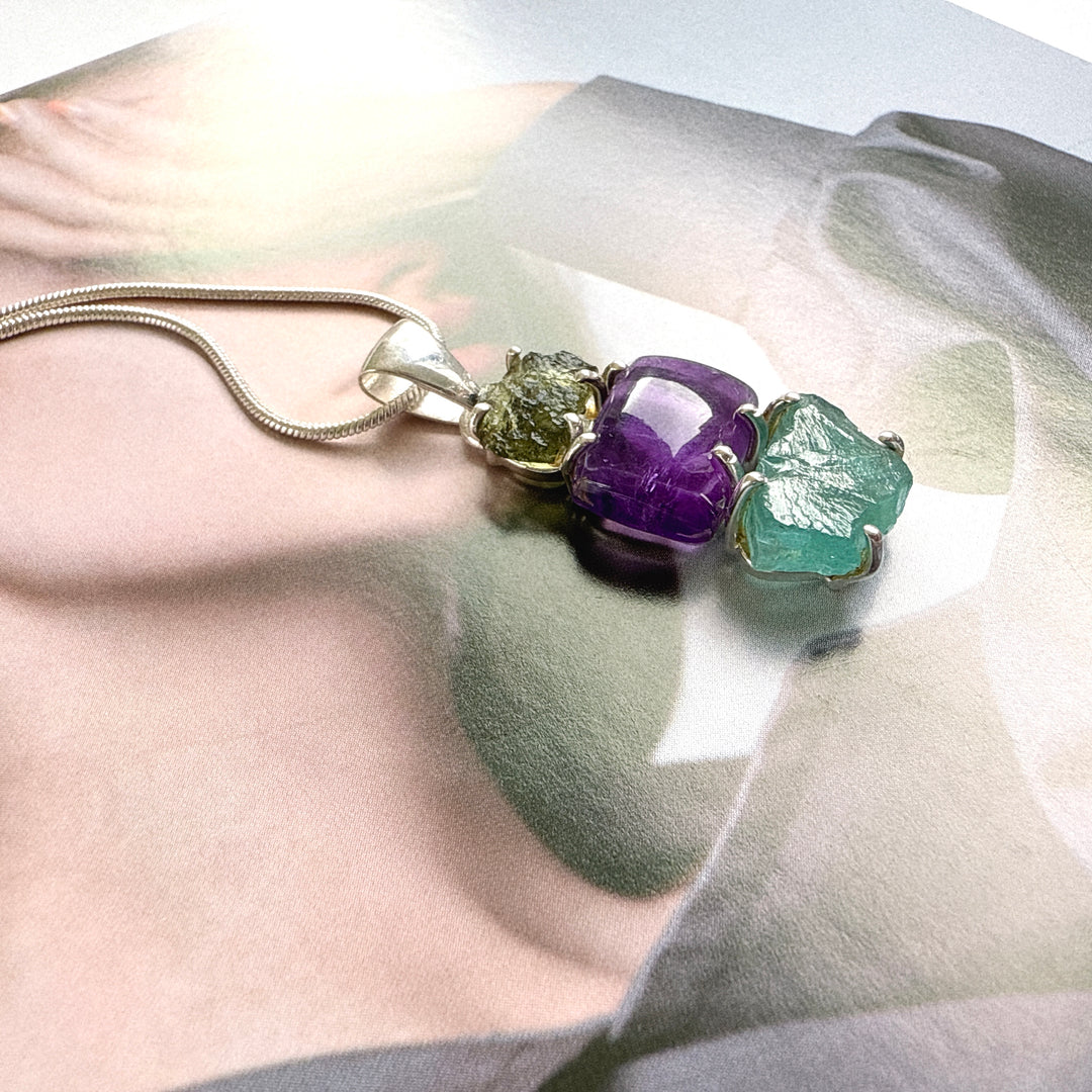 Moldavite, Amethyst & Neon Blue Apatite Pendant