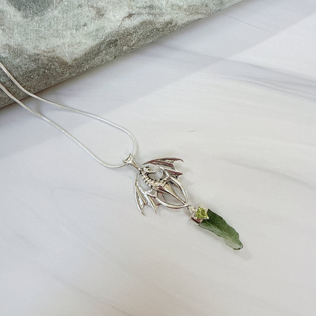 Dragon, Moldavite & Peridot Faceted Pendant