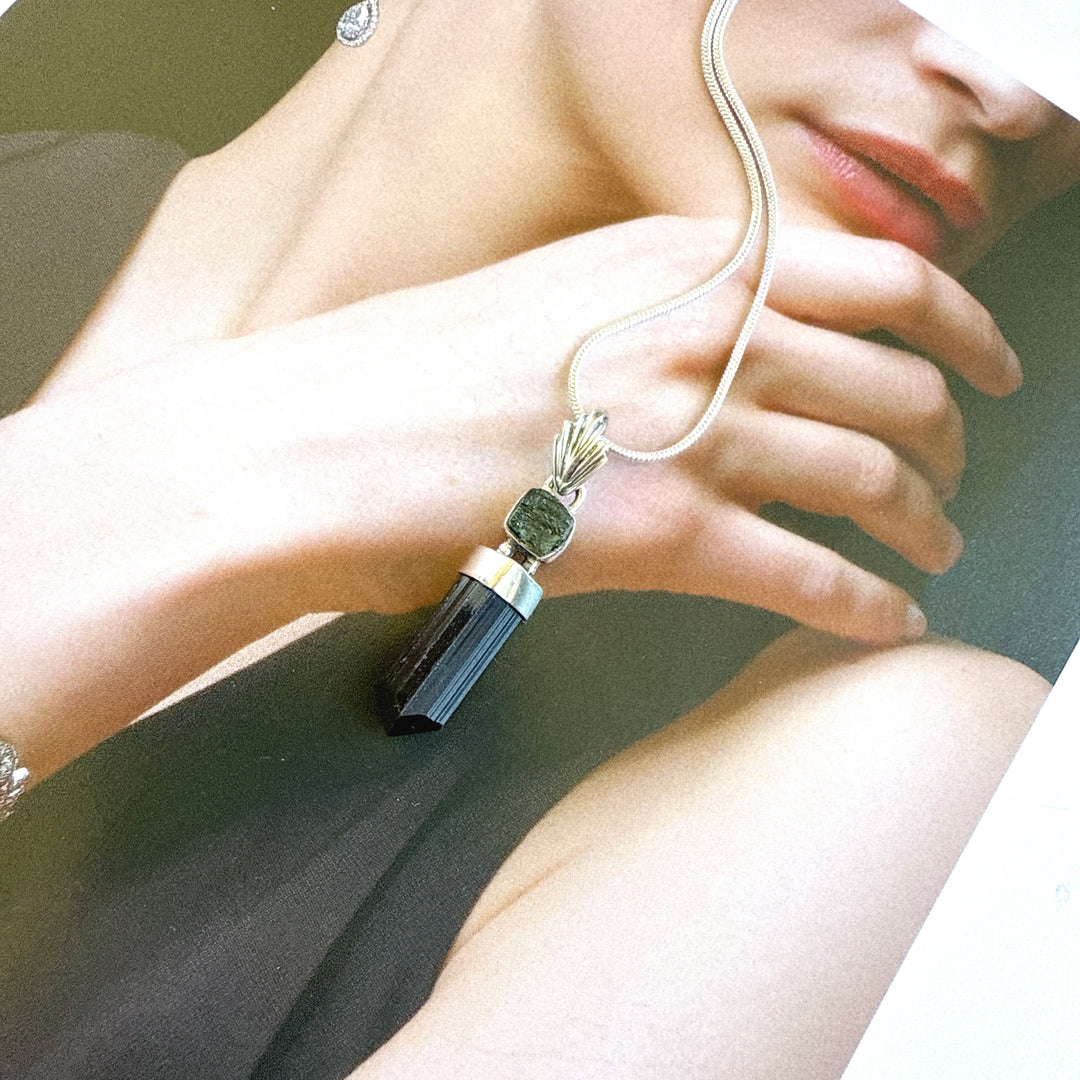 MOLDAVITE & BLACK TOURMALINE PENDANT