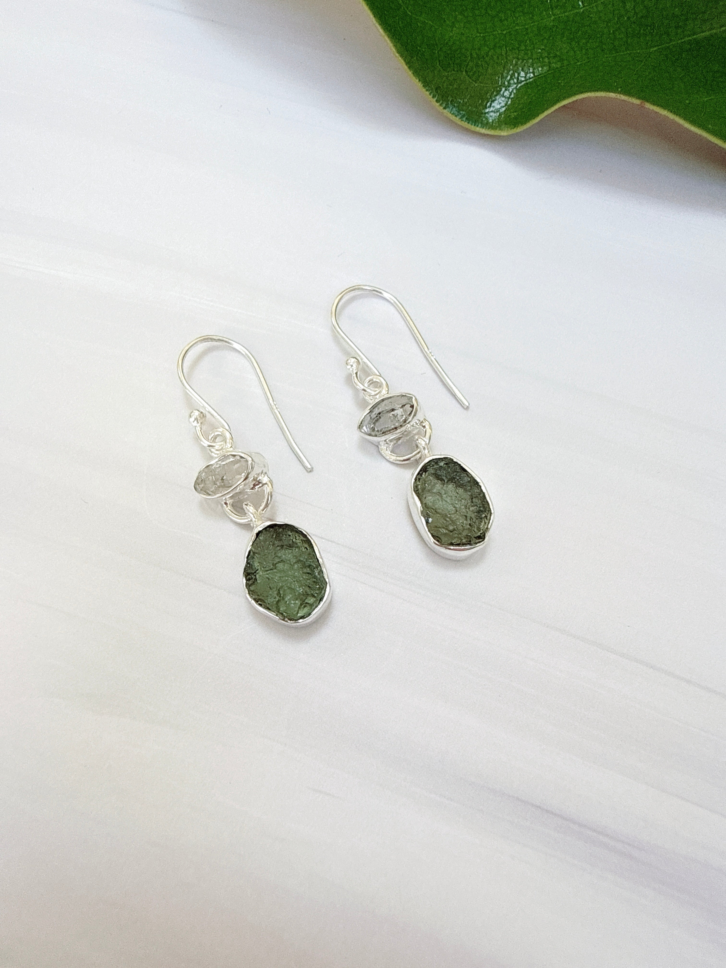 Moldavite & Herkimer Diamond Earrings