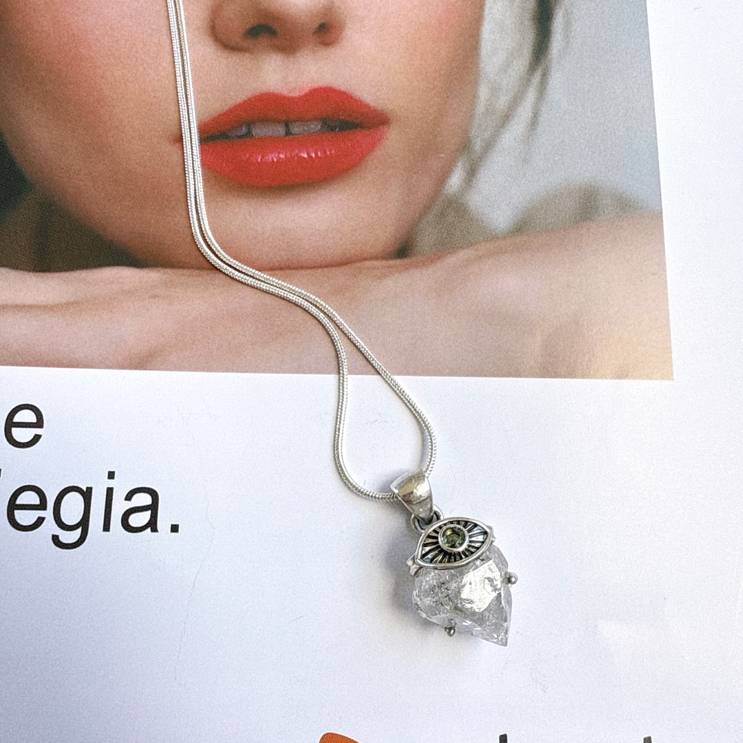 Moldavite & Herkimer Diamond Evil Eye Pendant