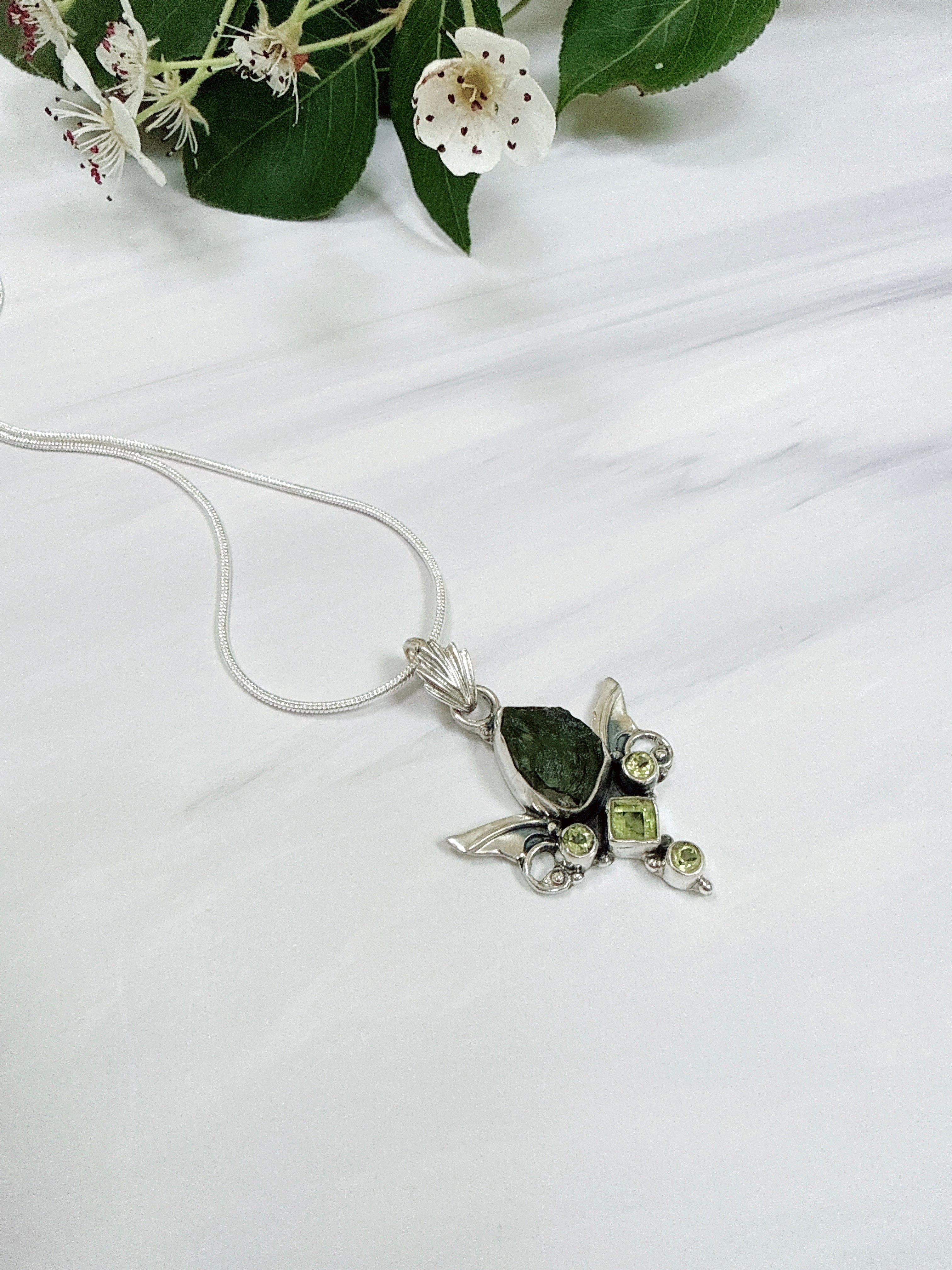 Moldavite & Peridot Faceted Pendant