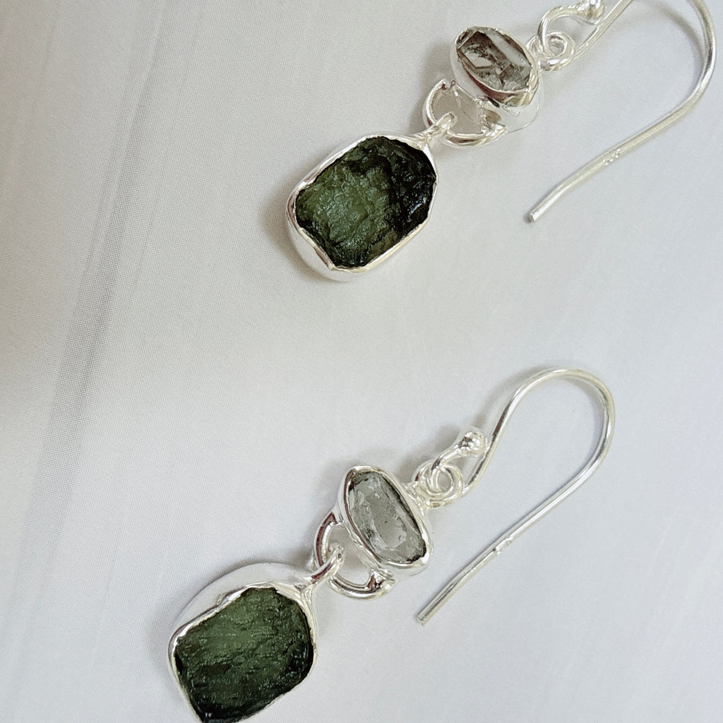 Moldavite & Herkimer Diamond Earrings