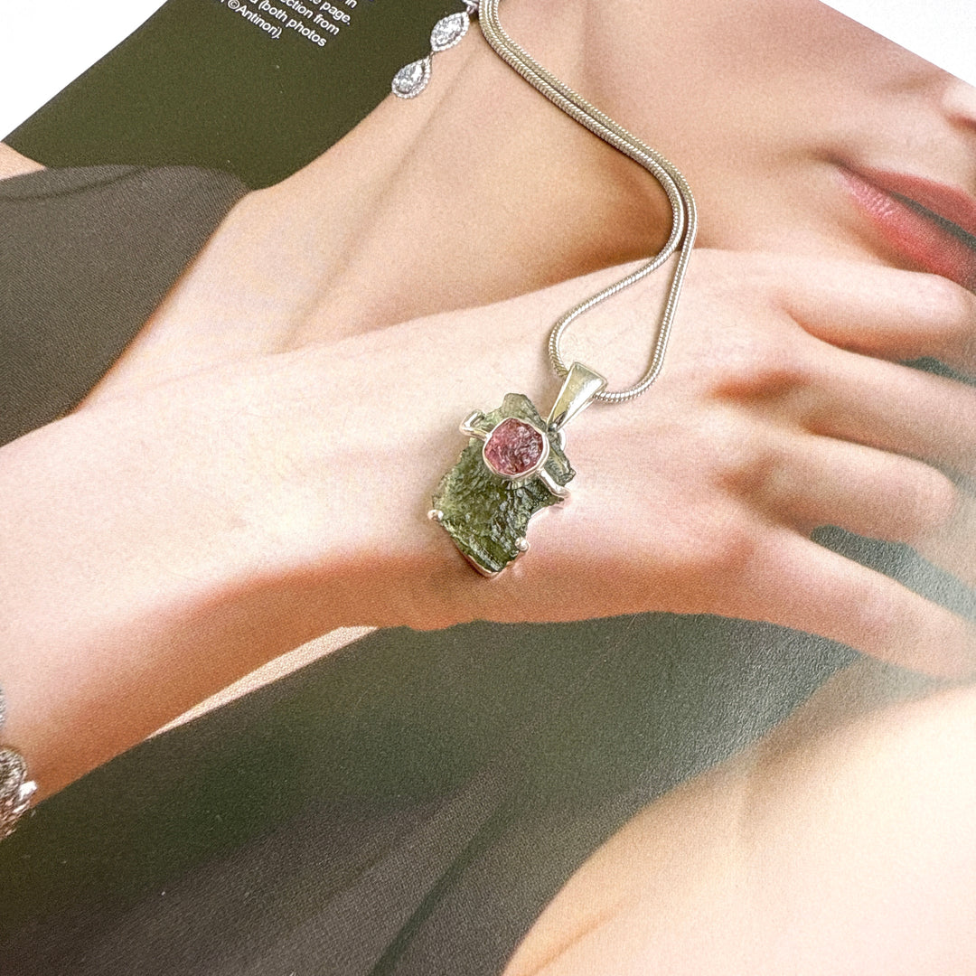 Moldavite & Pink Tourmaline Pendant