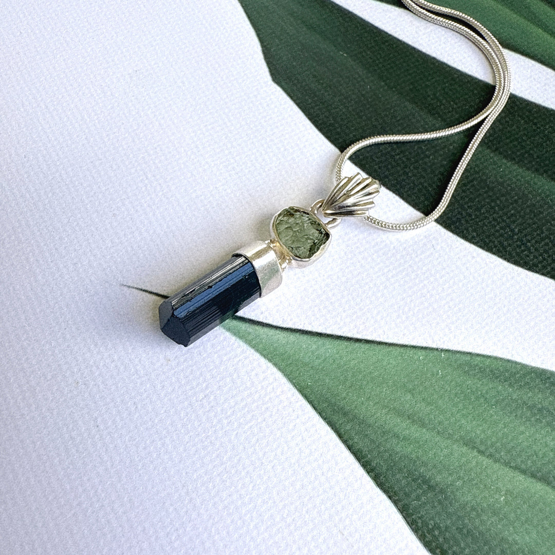MOLDAVITE & BLACK TOURMALINE PENDANT